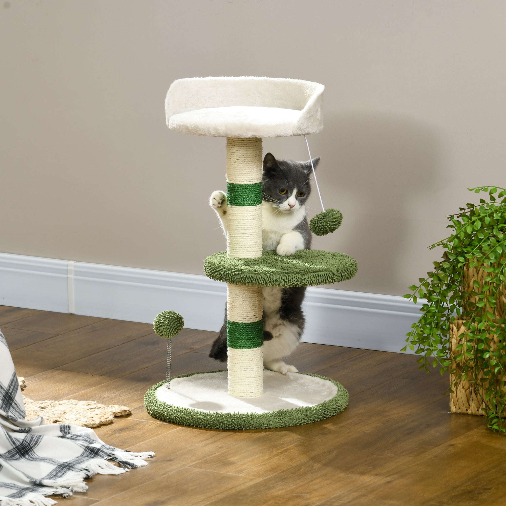 Cat Tree with Cat Bed, 2 Balls, Platform and Sisal Post, Green and White