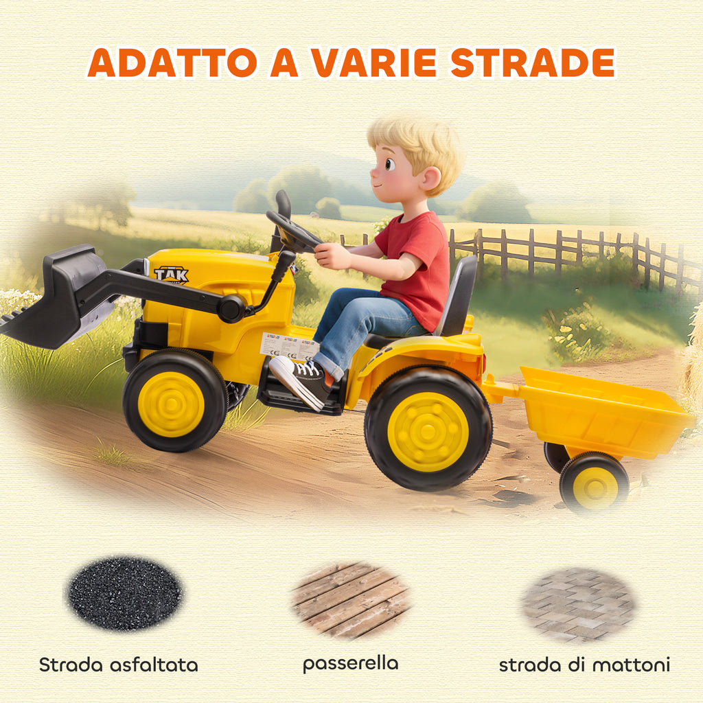 AIYAPLAY 12V Electric Excavator for Kids with Bucket, Trailer and Remote Control, Ages 3-8 Years, Yellow
