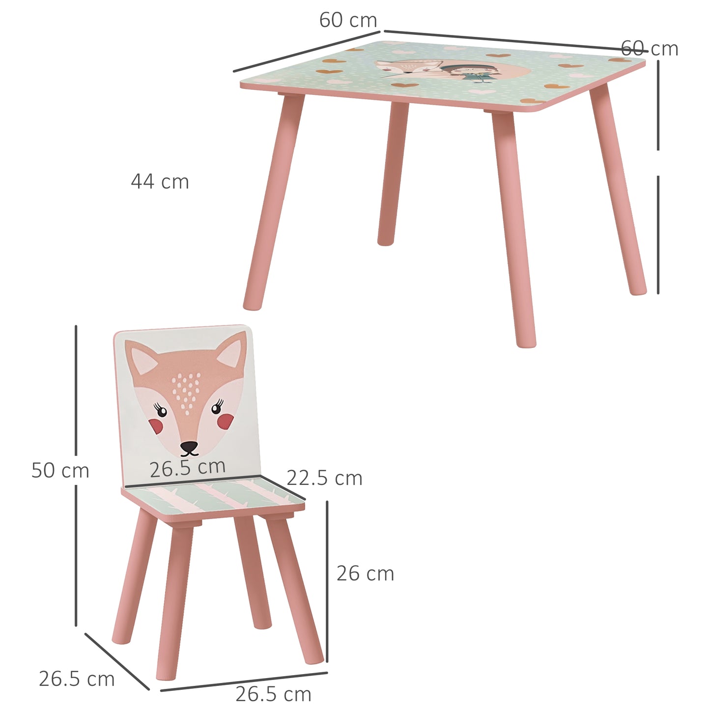 ZONEKIZ 3-piece table and chair set for children 3-8 years in MDF and pine wood with animal designs, pink - Borgè