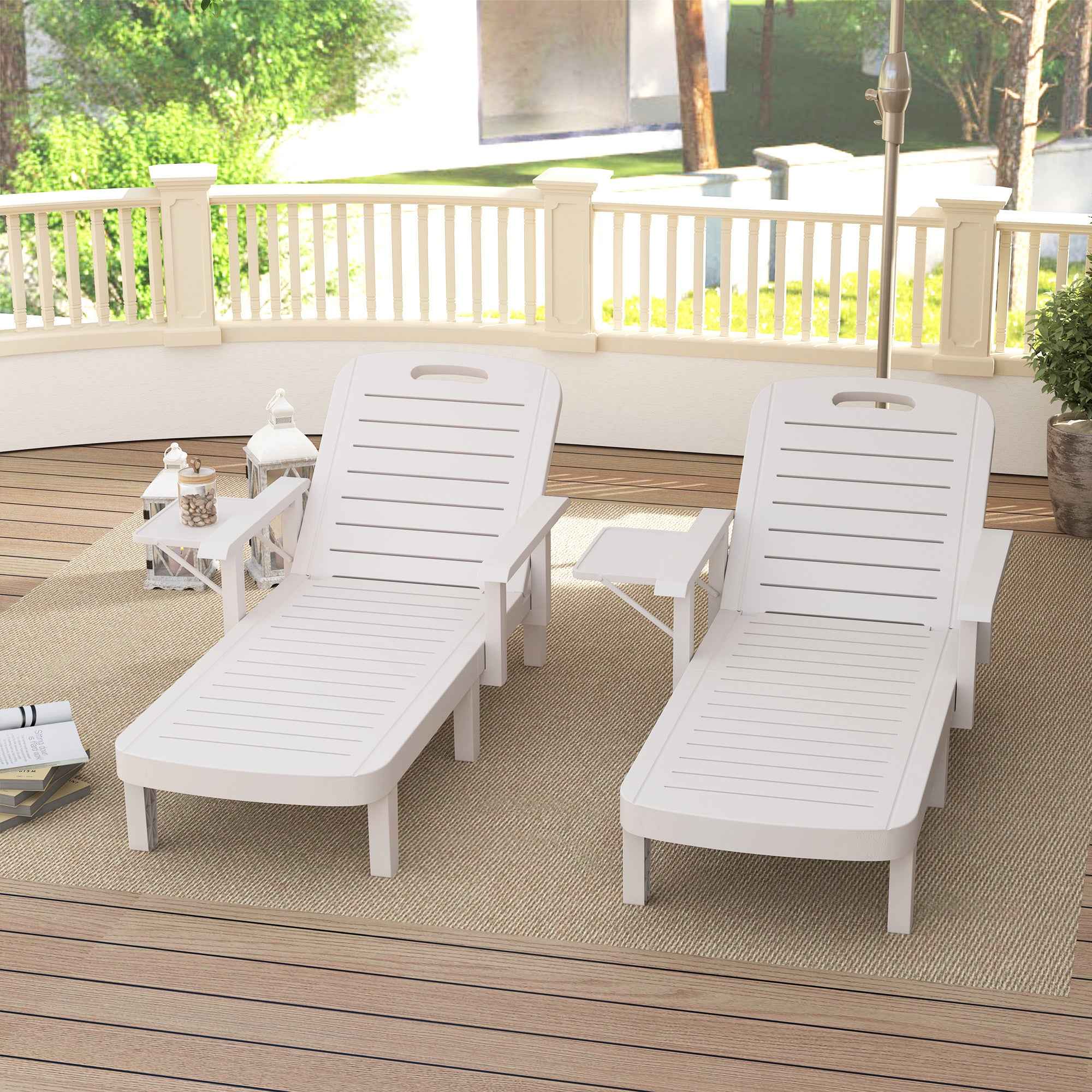 Outsunny Set of 2 Adjustable Garden Loungers with Table and Armrests, in Polypropylene, 79x158x88 cm, White
