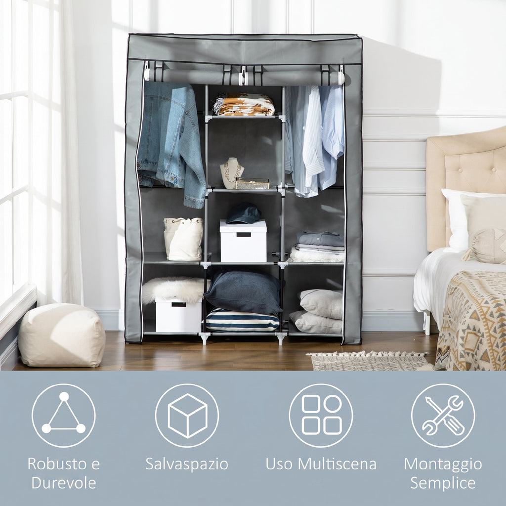HOMCOM Space-Saving Wardrobe with Raised Base, 8 Shelves and 2 Bars, in Non-Woven Fabric and Steel, Light Grey
