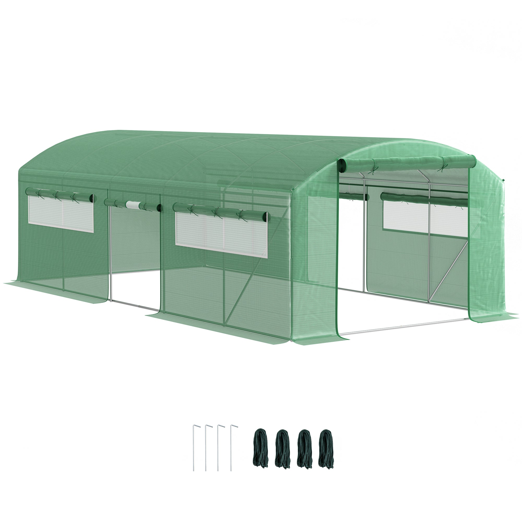 unnel Greenhouse with 3 Roller Doors and 6 Windows, in Galvanized Steel and PE, 6x3x2 m, Green
