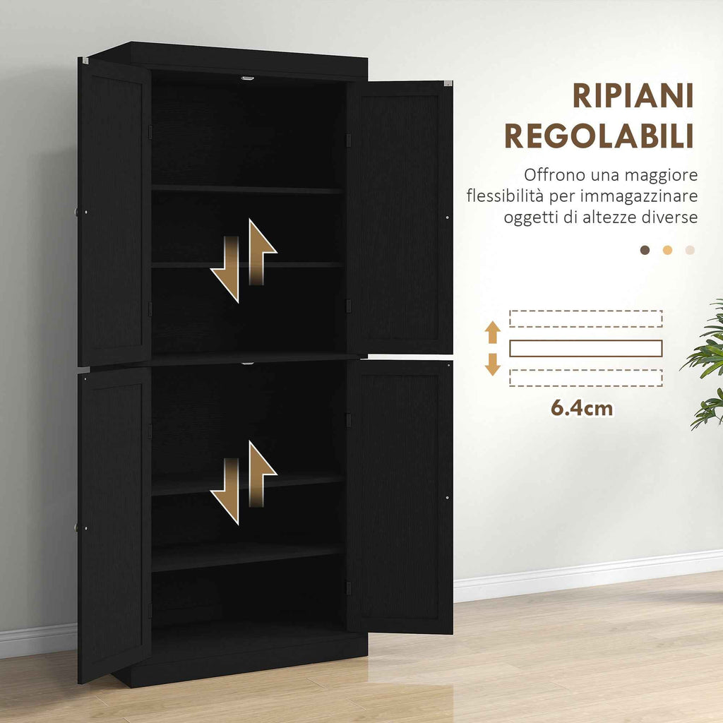 HOMCOM Tall Kitchen Cabinet with 6 Adjustable Shelves and 4 Wooden Doors, 76x40.5x184 cm, Black