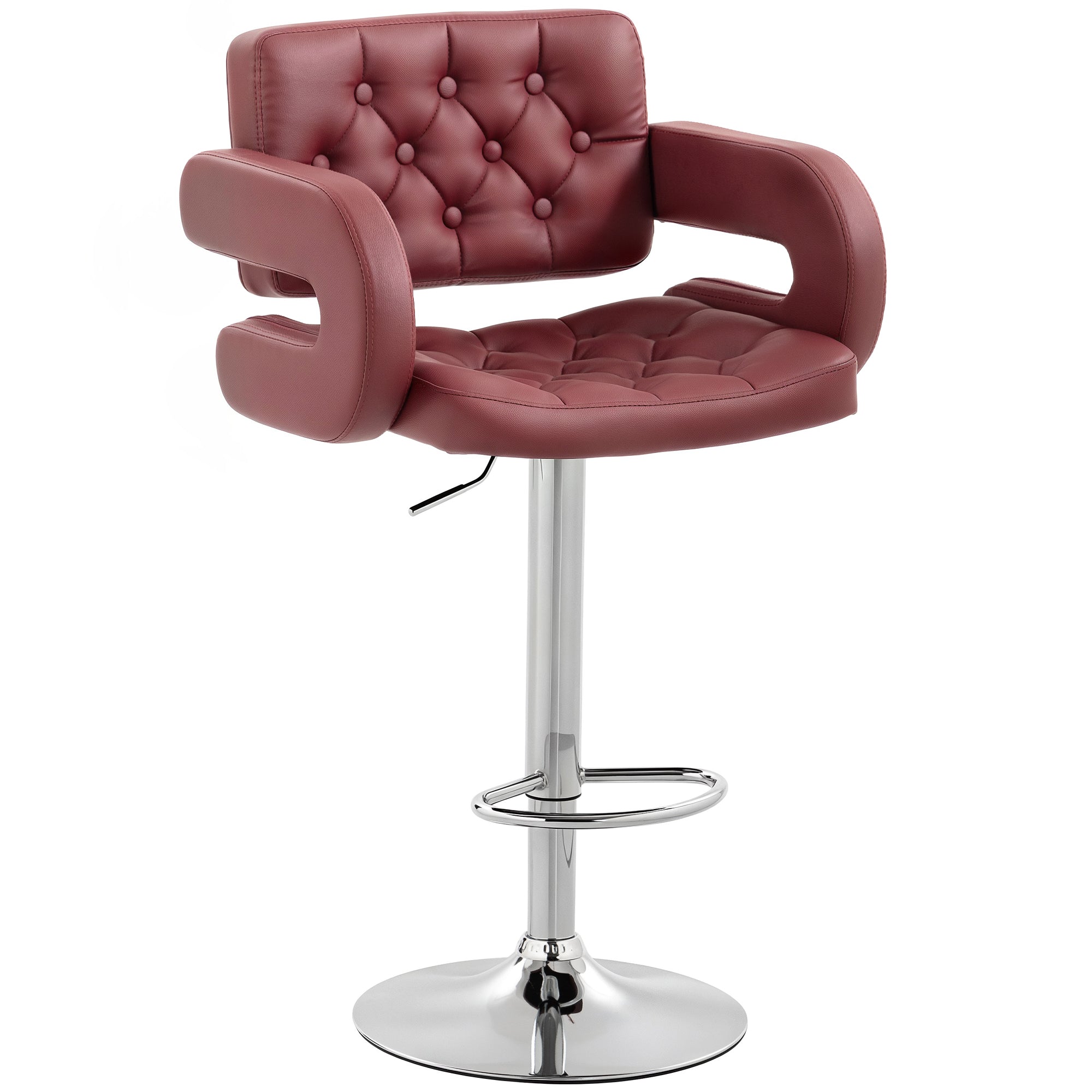 Bar Stool with Backrest and Armrests, Adjustable Height and Footrest, Faux Leather Red