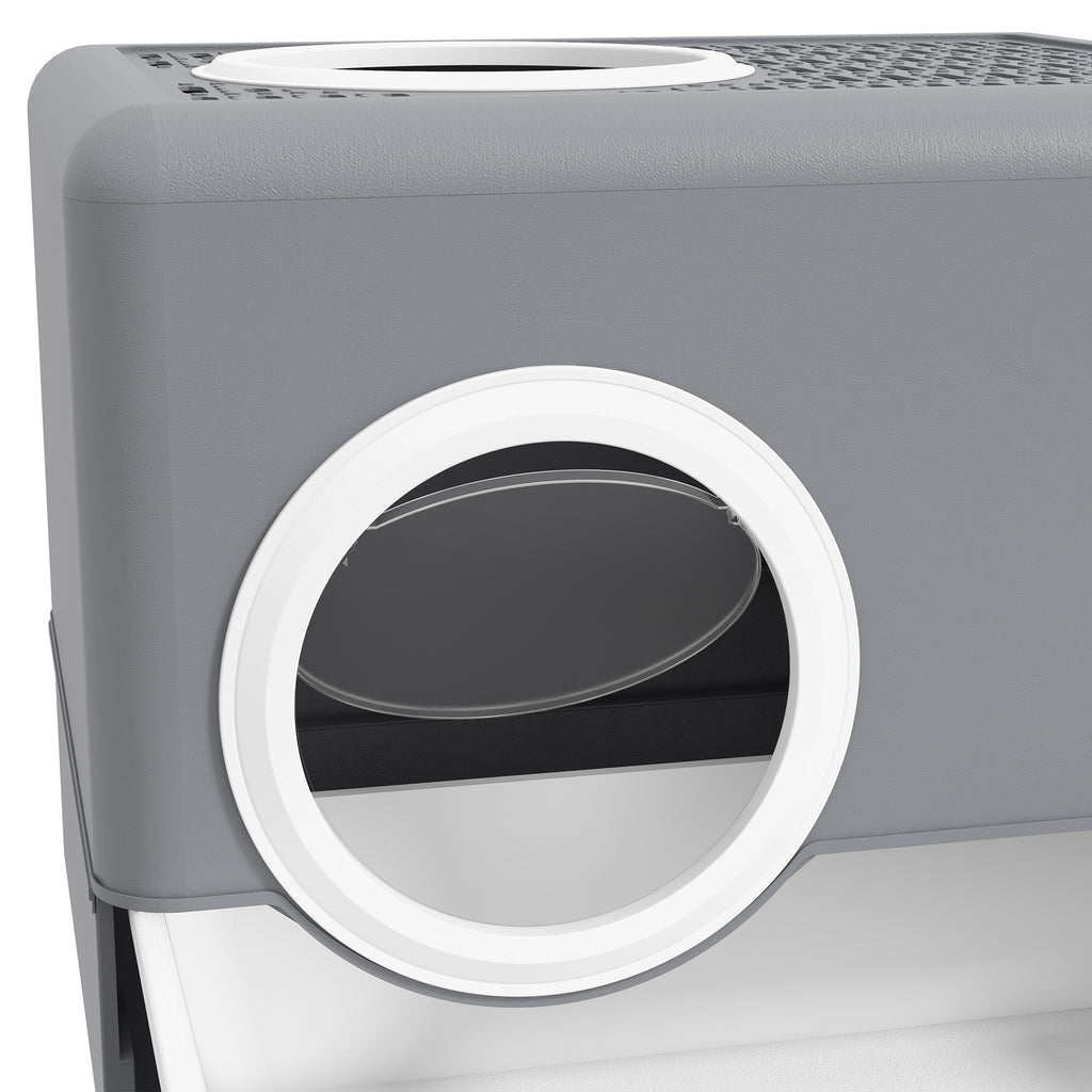 Cat Litter Box with Lid and Scoop, Double Entrance and Removable Tray, 52x41x38.5 cm, Grey