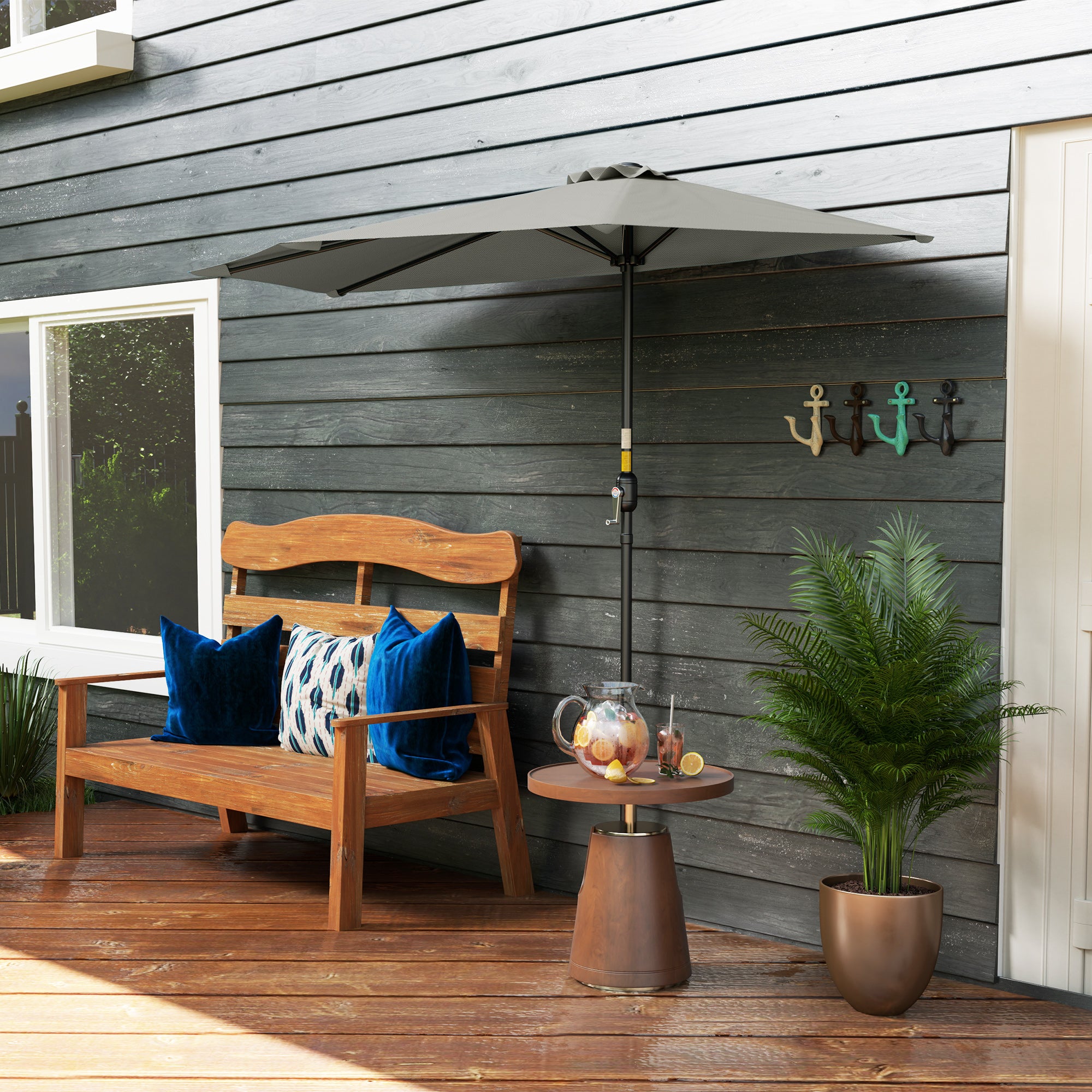 Outsunny Space-Saving Half-Moon Wall-Mounted Umbrella with Crank Opening, 2.7 x 2.4 m, Light Grey