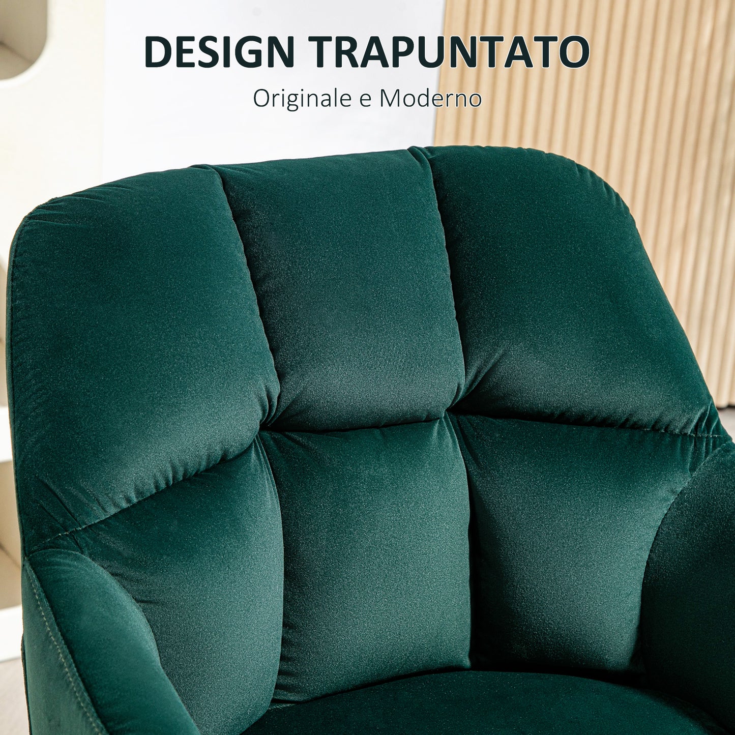 Velvet and Padded Lounge Armchair with Steel Legs and Extended Armrests, Green - Borgè