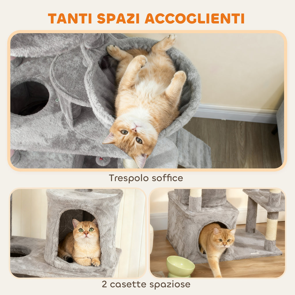 Cat Tree with 2 Houses, Hammock, Tunnel, and Bed, Sisal Poles, 60x40x170 cm, Grey