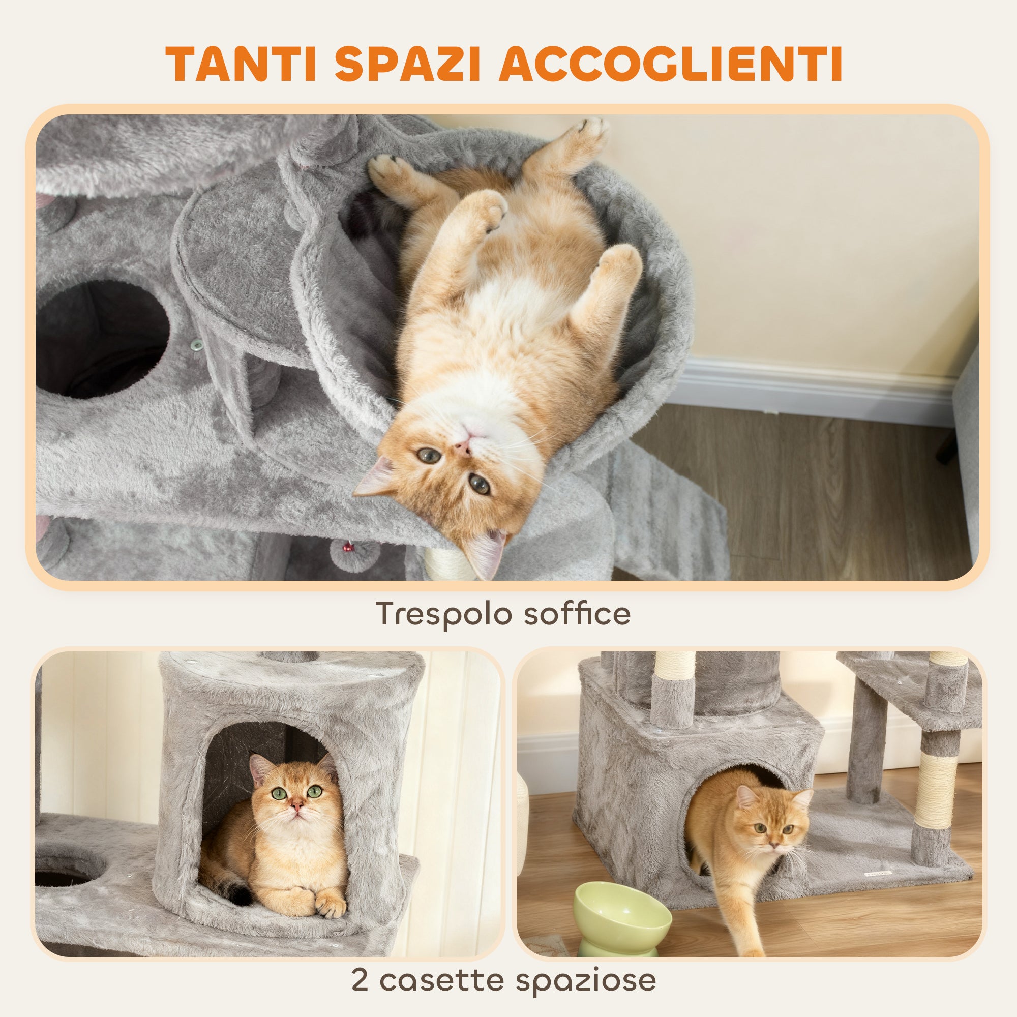 Cat Tree with 2 Houses, Hammock, Tunnel, and Bed, Sisal Poles, 60x40x170 cm, Grey