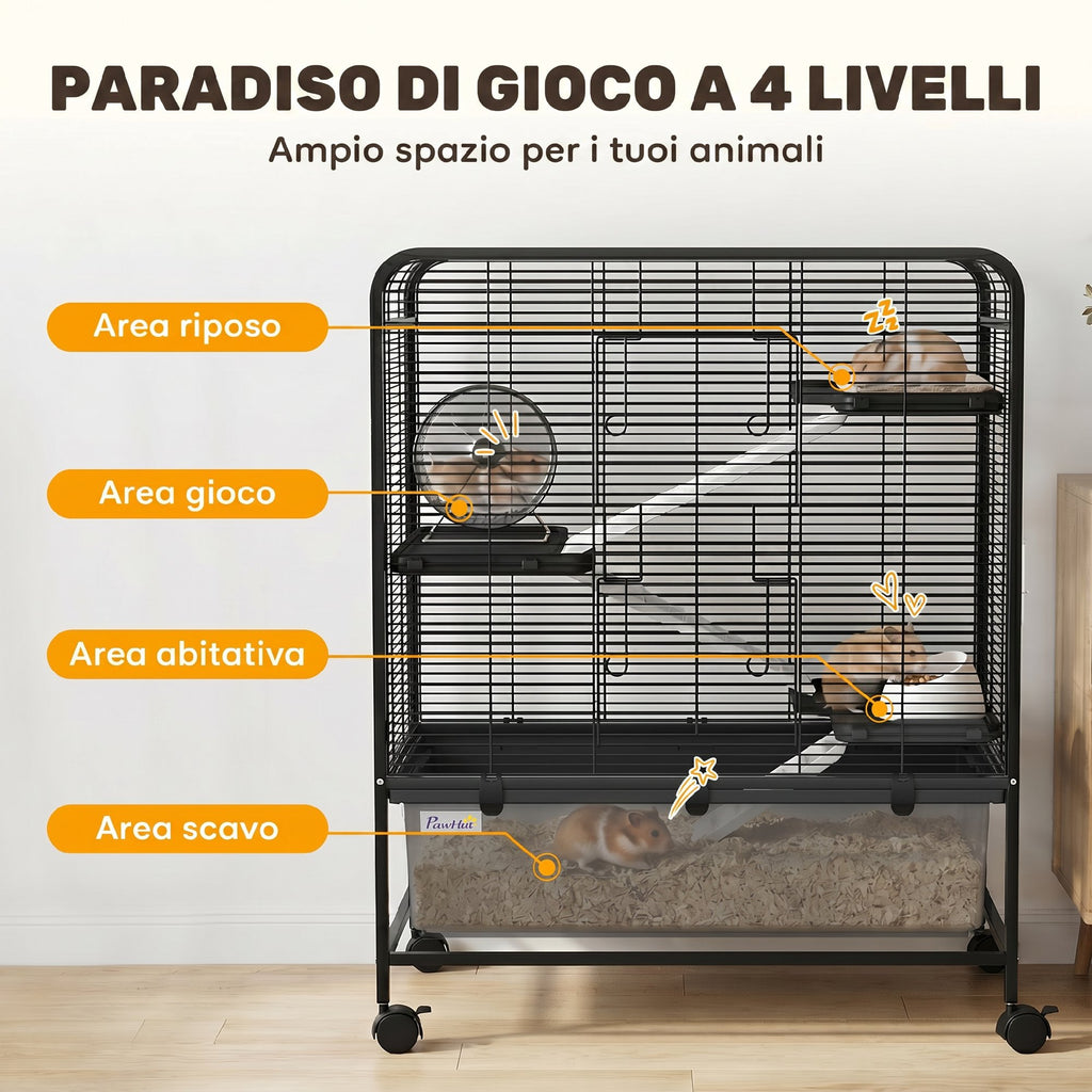 PawHut 4-Tier Steel Rabbit Cage with Platforms, Ramps, Wheels, Water Tank and Removable Tray, Black