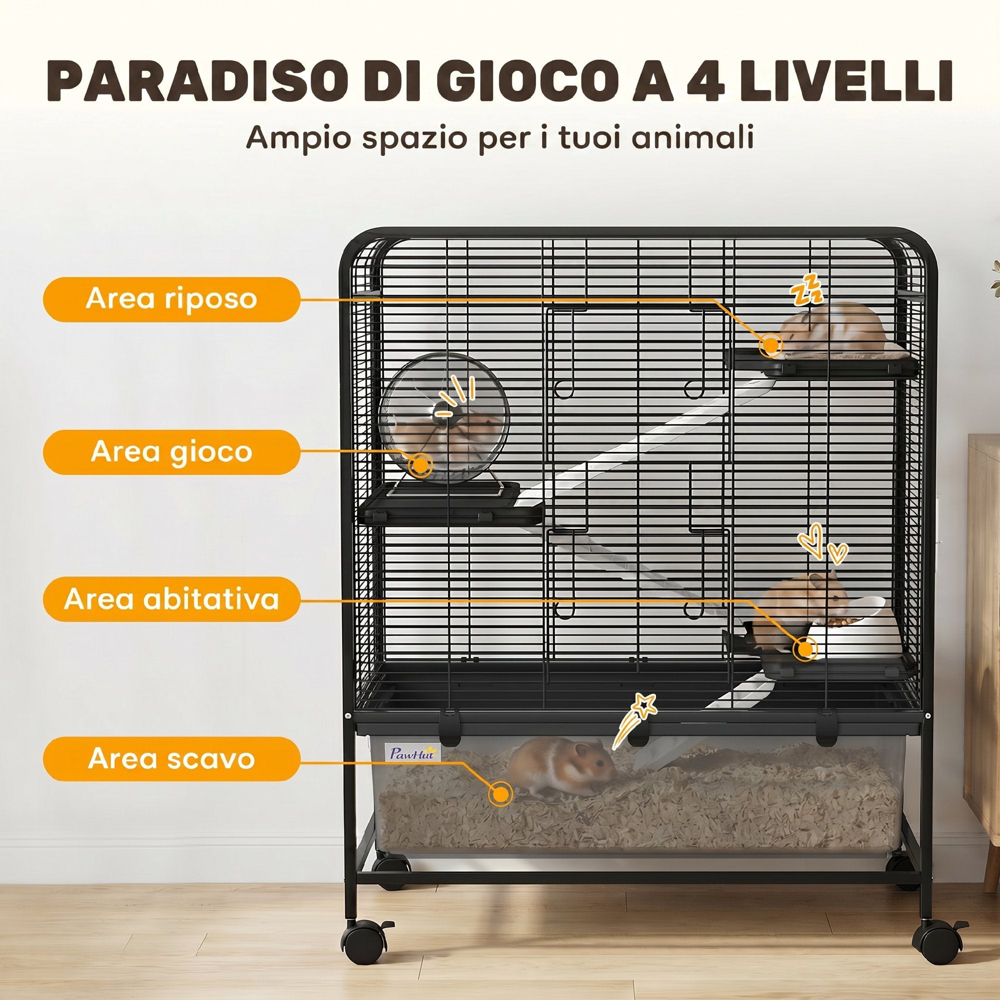 PawHut 4-Tier Steel Rabbit Cage with Platforms, Ramps, Wheels, Water Tank and Removable Tray, Black