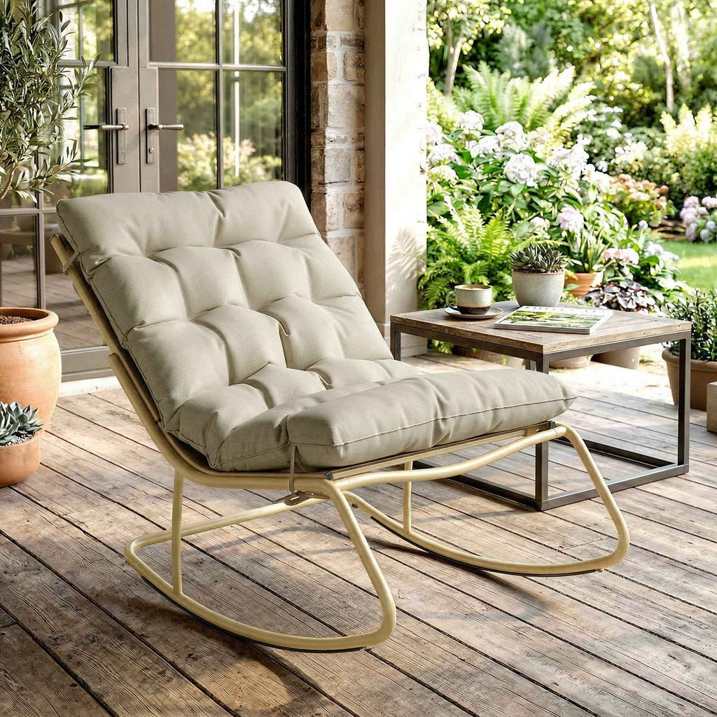 Outsunny Outdoor Rocking Chair, Seat 63 cm, Cushion Included, Khaki Color.