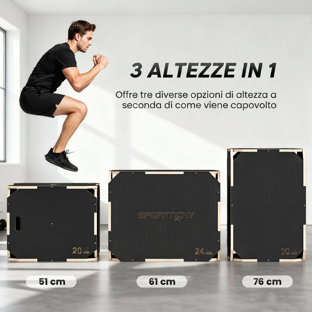 SPORTNOW 3-in-1 Wooden Plyometric Jump Box, Non-Slip Plyometric Jump Box with Handles for Home Gym Training, 76x61x51 cm, Black