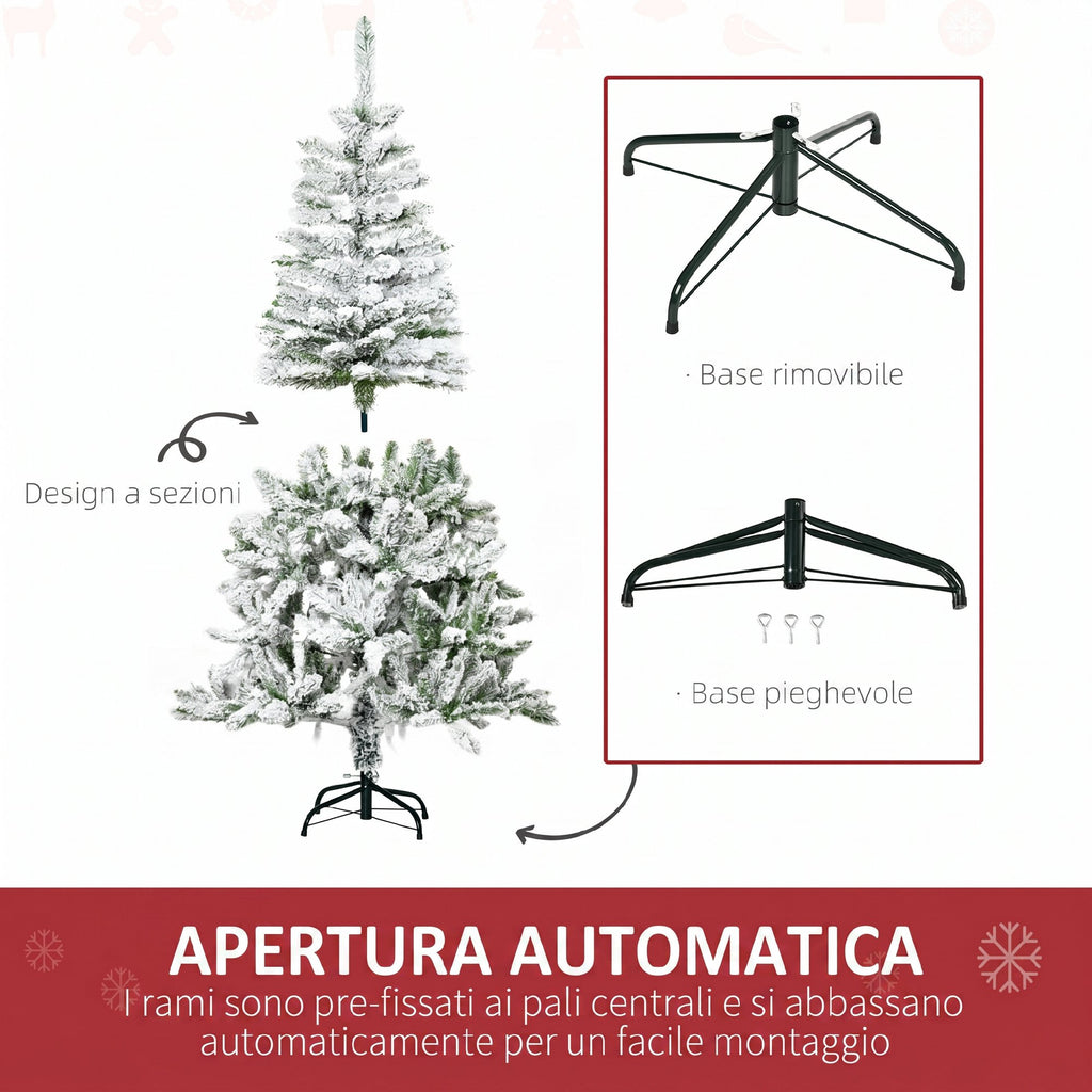 HOMCOM 150cm Tall Snow-Covered Christmas Tree with 358 Fireproof Branches and Steel Base, Green