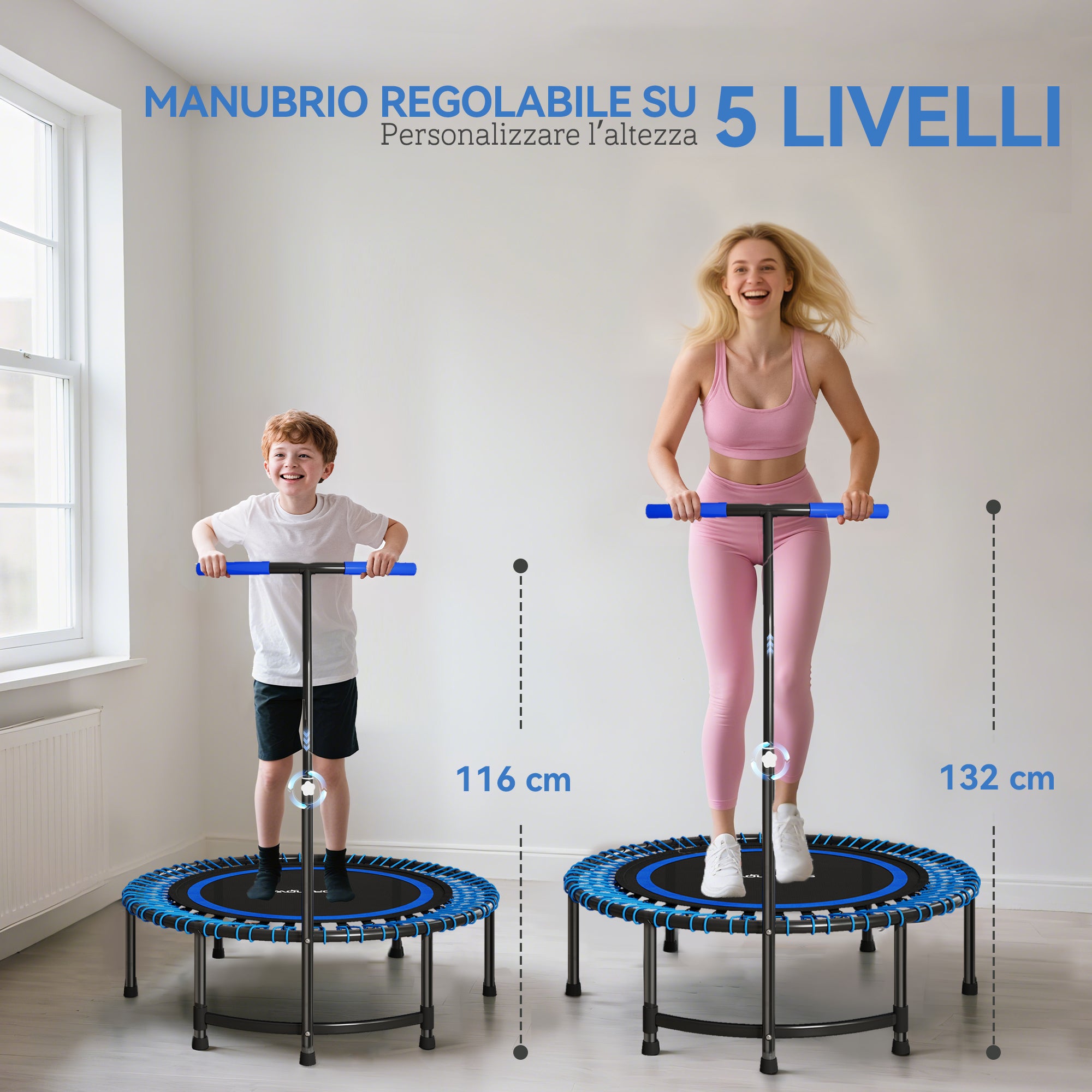 Fitness Trampoline Ø145 cm with 5-Position Adjustable Handlebar, 36 Bungee Springs and 150 kg Capacity, Blue