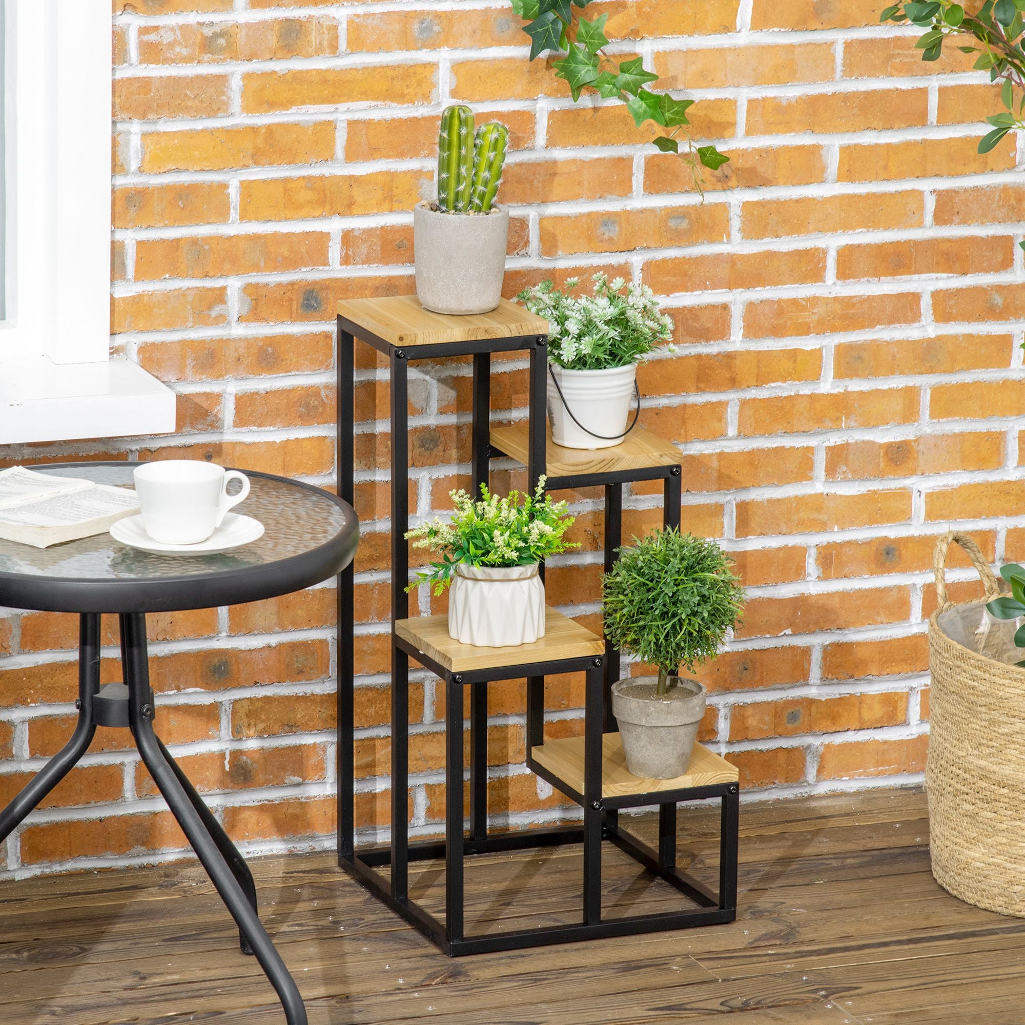 4-Tier Metal and Wood Plant Shelf for Indoor and Outdoor, 34x34x66cm