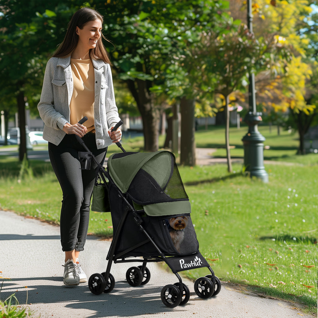 Dog Stroller with 2 Mesh Windows, in Steel and Oxford Fabric, 76x44x103 cm, Black and Dark Green