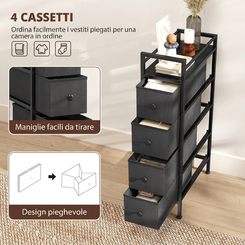 HOMCOM Space-Saving Slim Fabric Chest of Drawers with 4 Drawers, Steel Frame for Bedroom, Living Room, Black