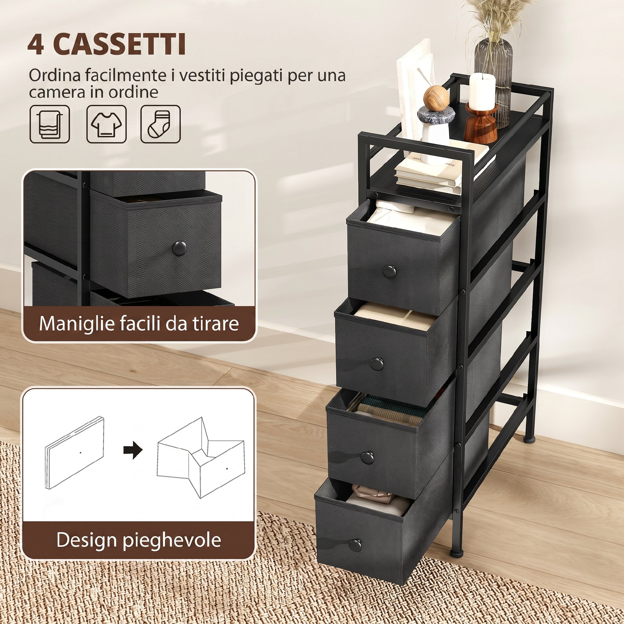 HOMCOM Space-Saving Slim Fabric Chest of Drawers with 4 Drawers, Steel Frame for Bedroom, Living Room, Black