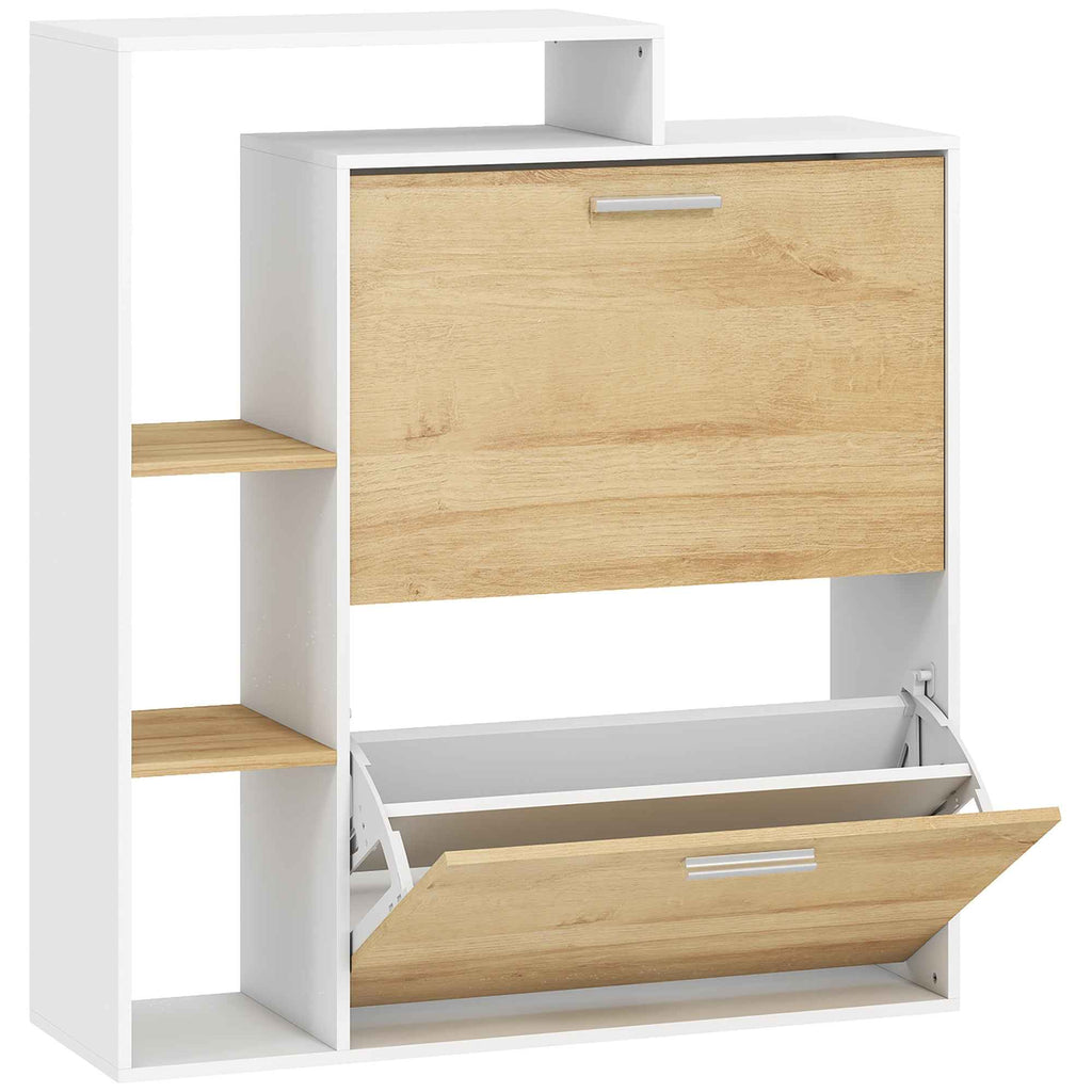 HOMCOM Shoe Cabinet with 2 Hinged Drawers and Shelves, White and Natural Wood.