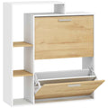 HOMCOM Shoe Cabinet with 2 Hinged Drawers and Shelves, White and Natural Wood.