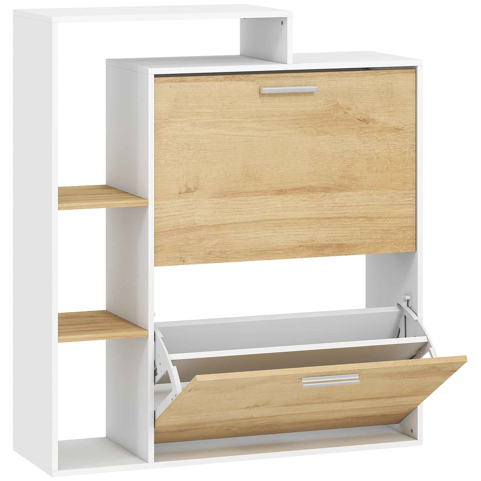 HOMCOM Shoe Cabinet with 2 Hinged Drawers and Shelves, White and Natural Wood.