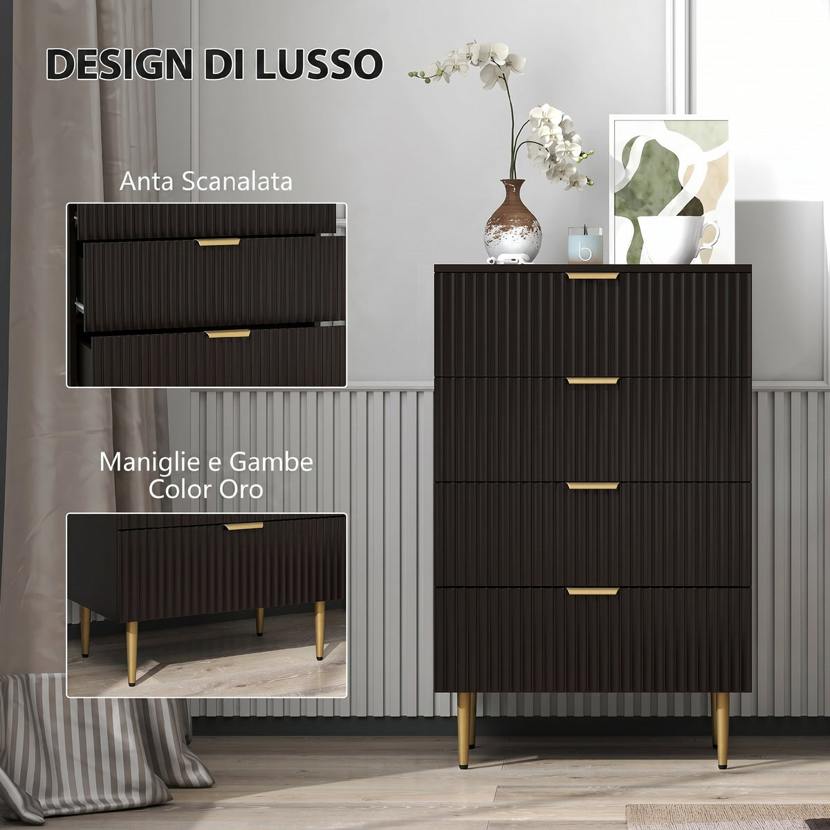 HOMCOM Modern 4-Drawer Chest of Drawers, Dresser with Gold Handles and Anti-Tip Device, 60x40x96 cm, Black