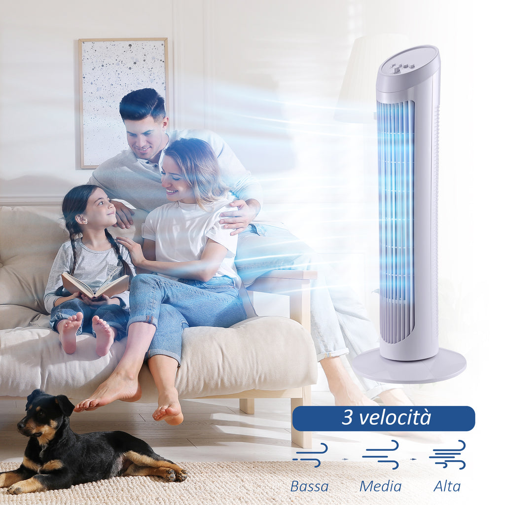 45W 3-Speed ??Oscillating Tower Fan, ABS Plastic Column Fan, 27x27x75cm, White - Borgè
