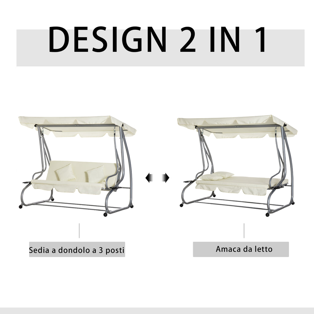 Outsunny 3-Seater Swing Garden Bed with Adjustable Roof and 2 Cup Holders, 200x120x164 cm, Cream - Borgè