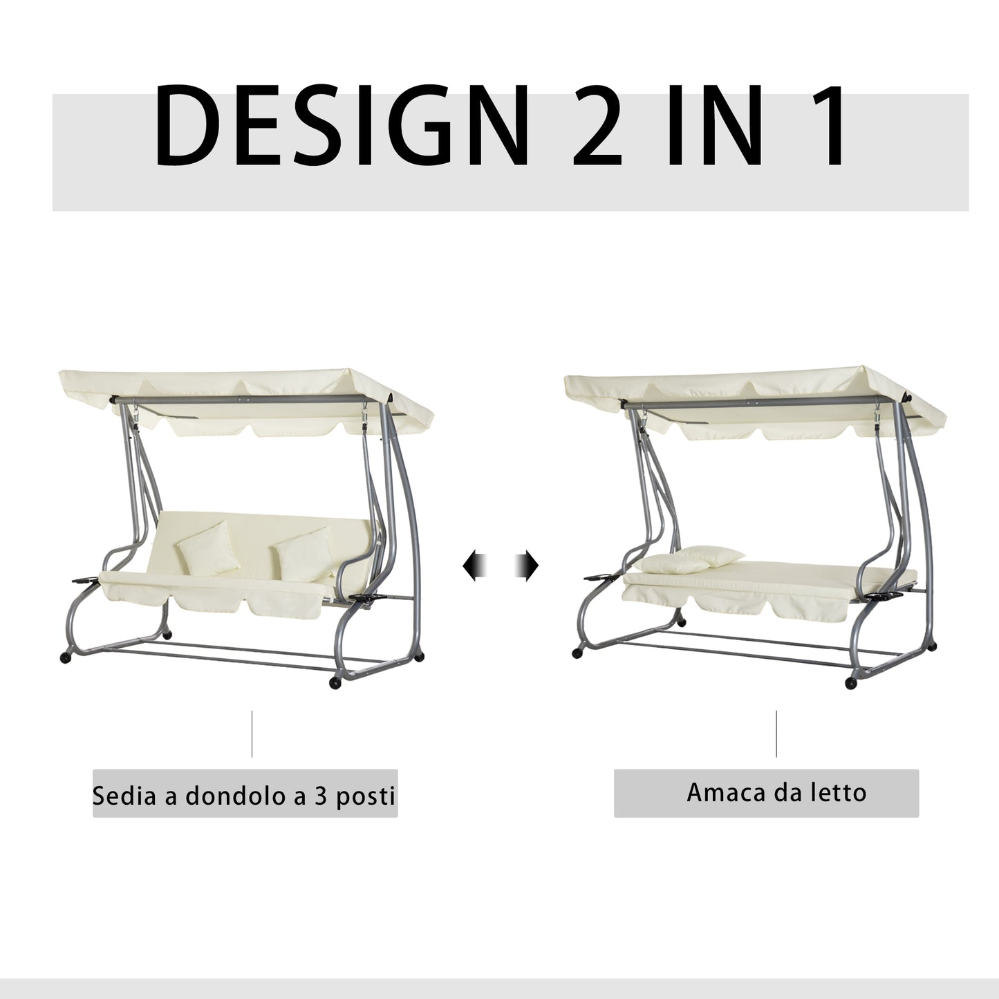 Outsunny 3-Seater Swing Garden Bed with Adjustable Roof and 2 Cup Holders, 200x120x164 cm, Cream