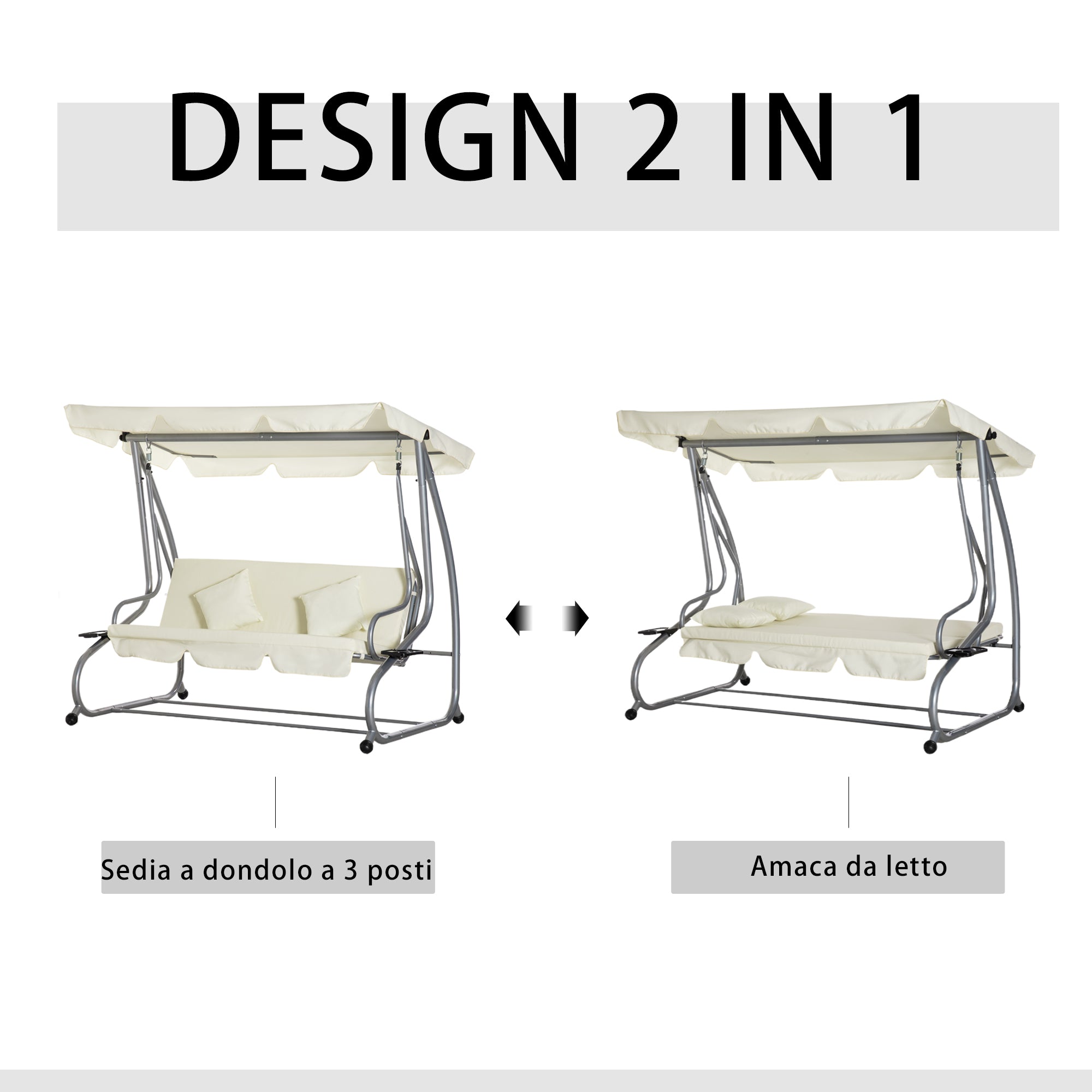 Outsunny 3-Seater Swing Garden Bed with Adjustable Roof and 2 Cup Holders, 200x120x164 cm, Cream - Borgè