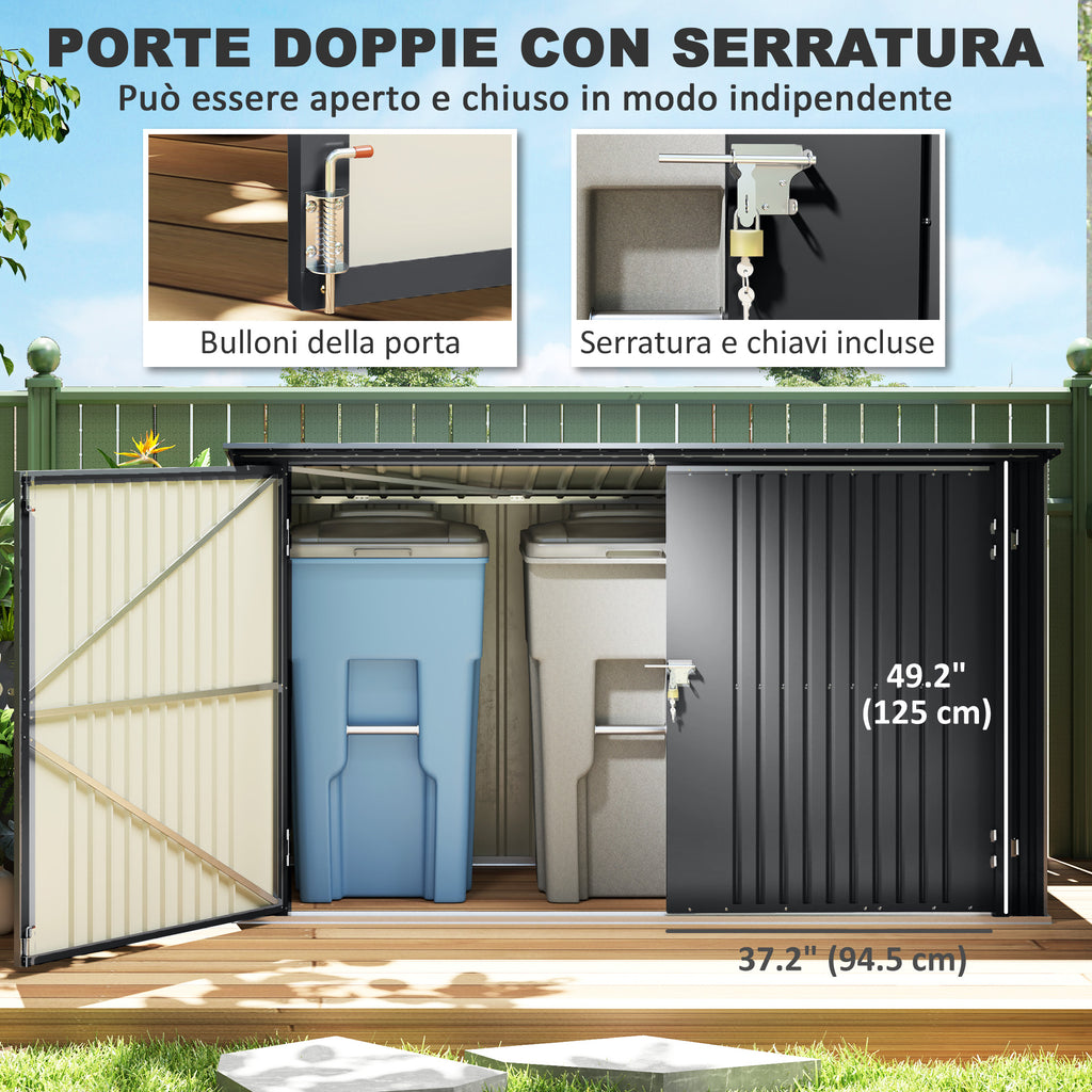 Steel Bin Covers for 3 240L Bins with 2 Doors and Lid, 233x105x118.5/133 cm, Dark Gray