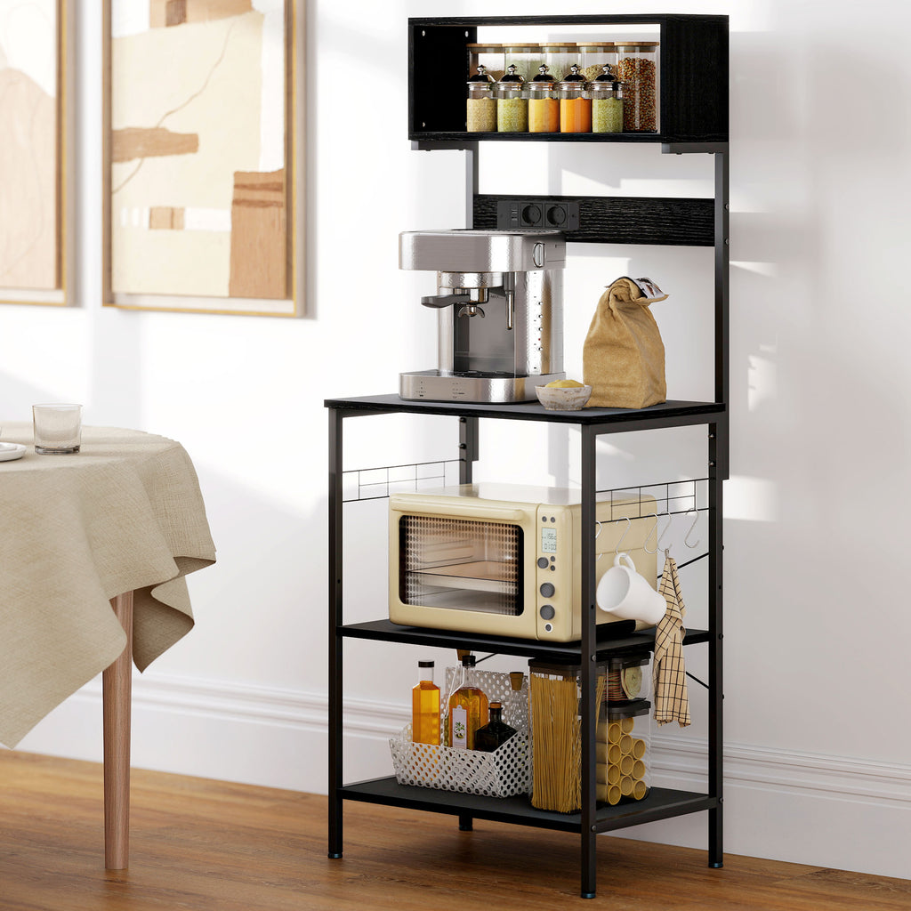 HOMCOM Industrial Kitchen Shelf with Microwave Socket, Shelves and Hooks, Wood and Steel, Black