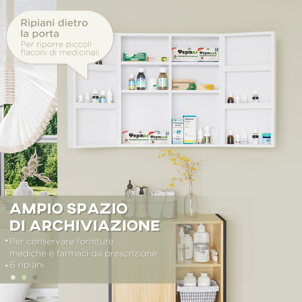 kleankin 6-Shelf Medicine Cabinet with Lock and 2 Keys, Steel, 55x18x60 cm, White - Borgè