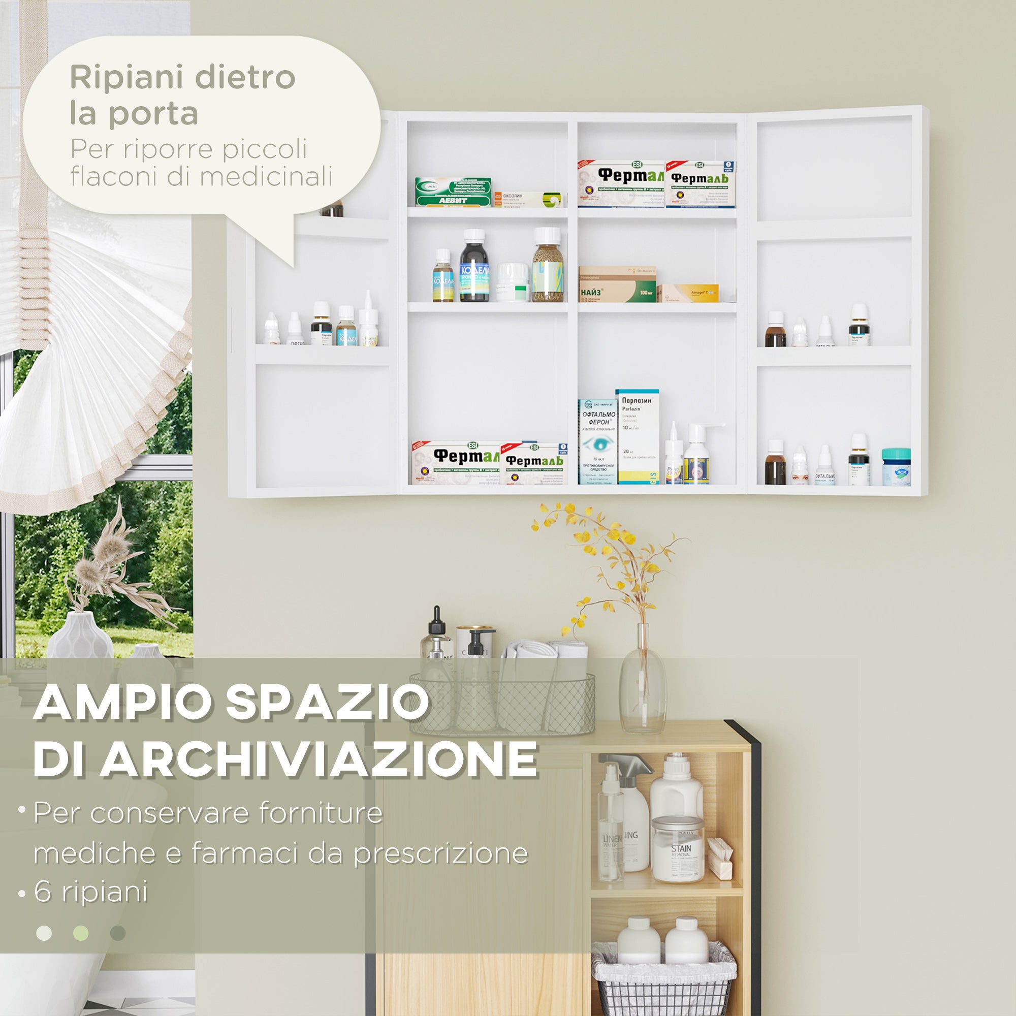 kleankin 6-Shelf Medicine Cabinet with Lock and 2 Keys, Steel, 55x18x60 cm, White - Borgè