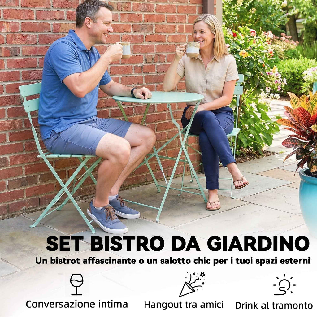 Outsunny Bistro Garden Set: Round Table and Folding Chairs for 2, Light Green.