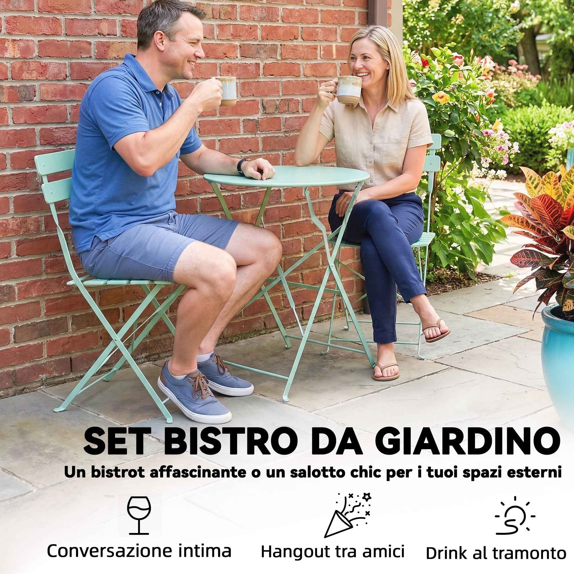 Outsunny Bistro Garden Set: Round Table and Folding Chairs for 2, Light Green.