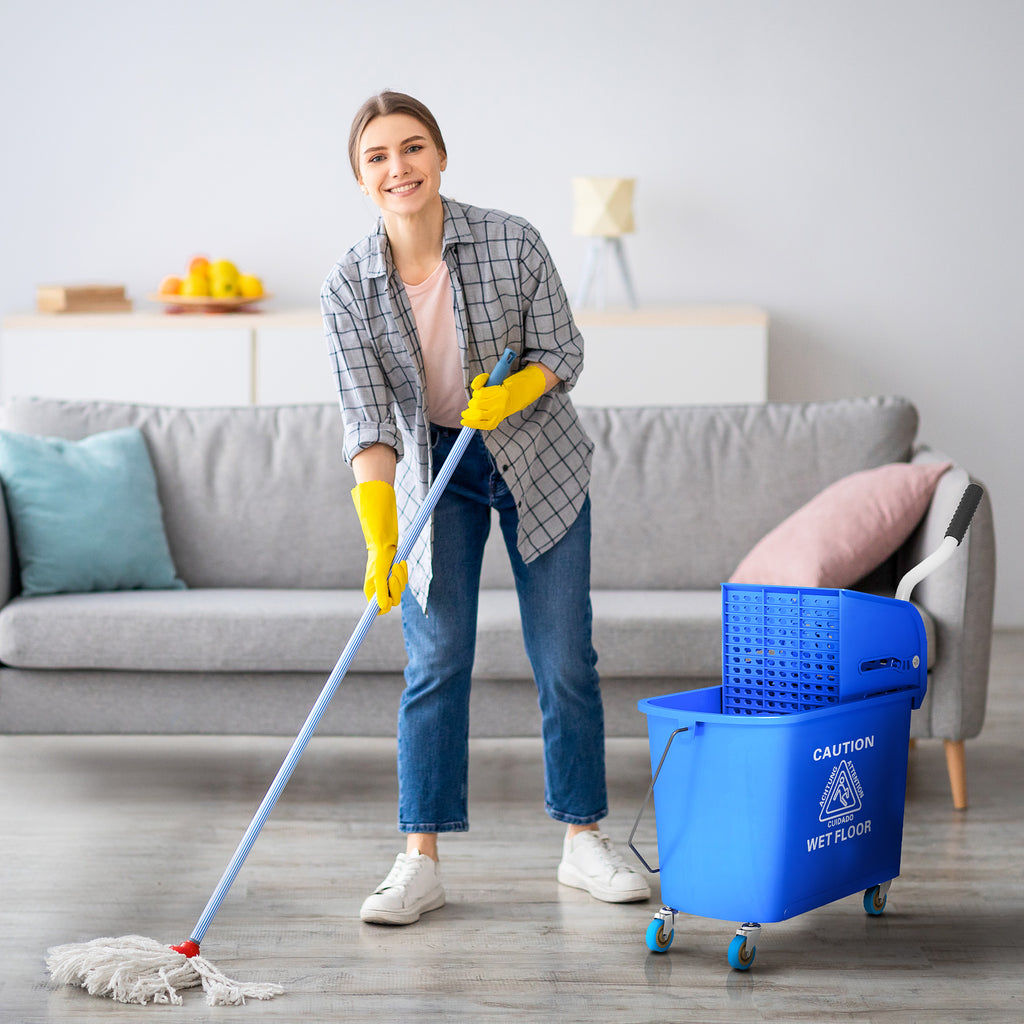 20L PP Plastic Cleaning Trolley with Bucket and Wringer, 60x27x70.5 cm, Blue