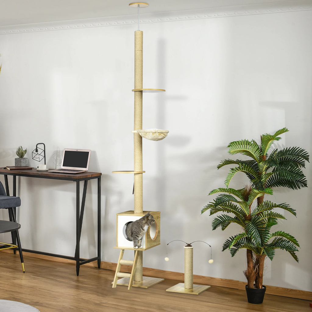Height Adjustable Chipboard Cat Tree with Scratching Post, House, Hammock and Ball, 40x40x225-285 cm - Borge' Group Limited