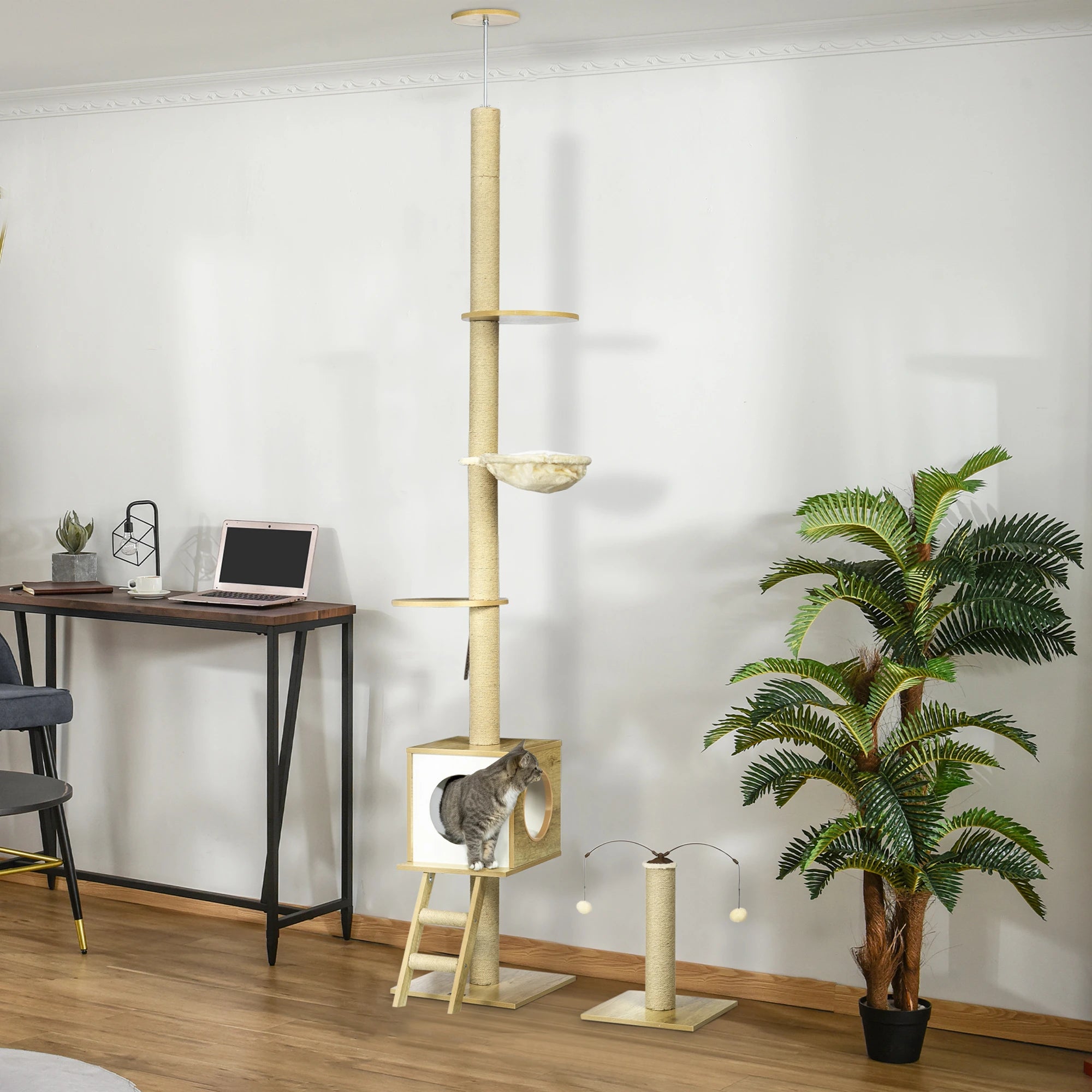 Height Adjustable Chipboard Cat Tree with Scratching Post, House, Hammock and Ball, 40x40x225-285 cm - Borge' Group Limited
