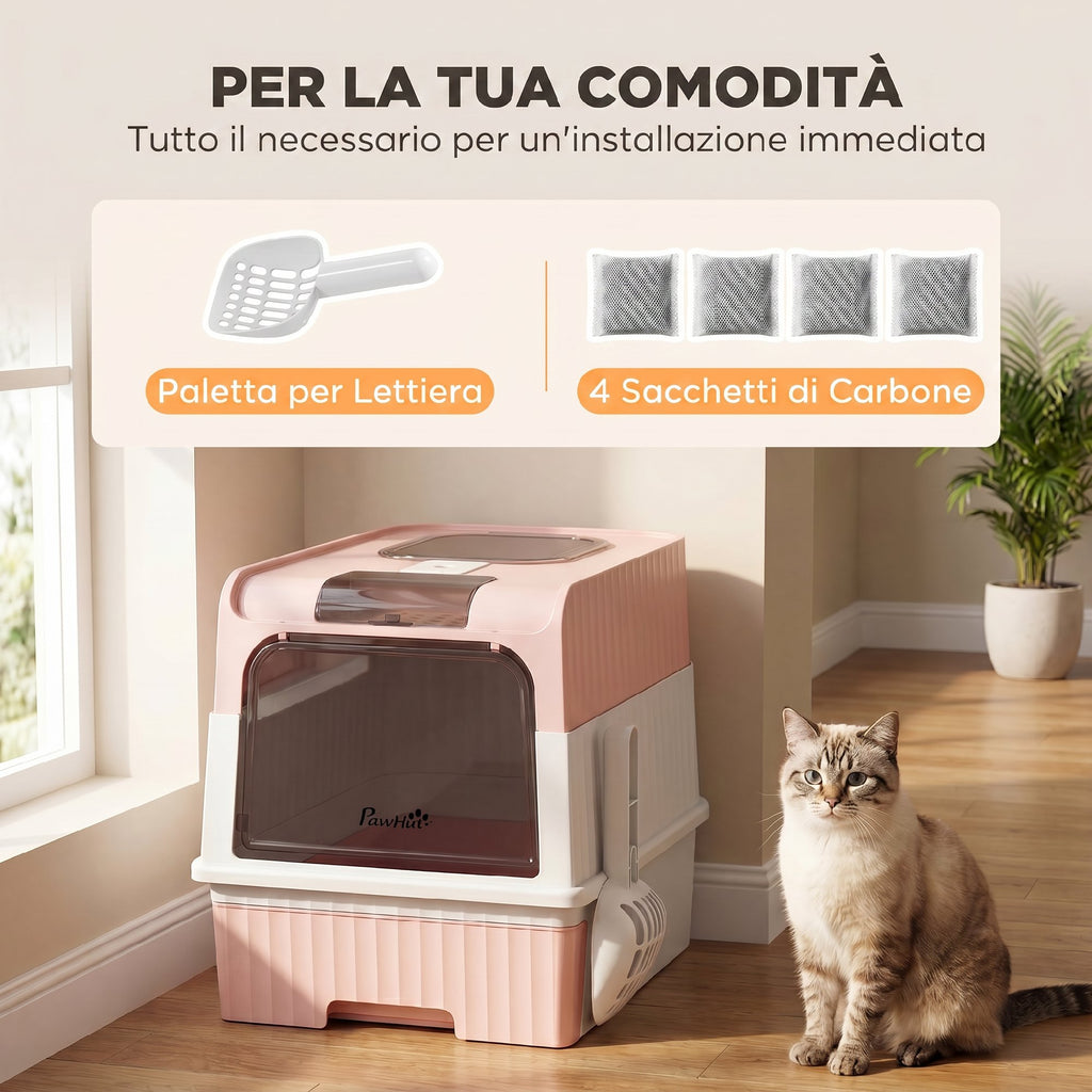 PawHut Enclosed Cat Litter Box with Removable Tray, Scoop and Deodorizer, 48x35x36 cm, Pink