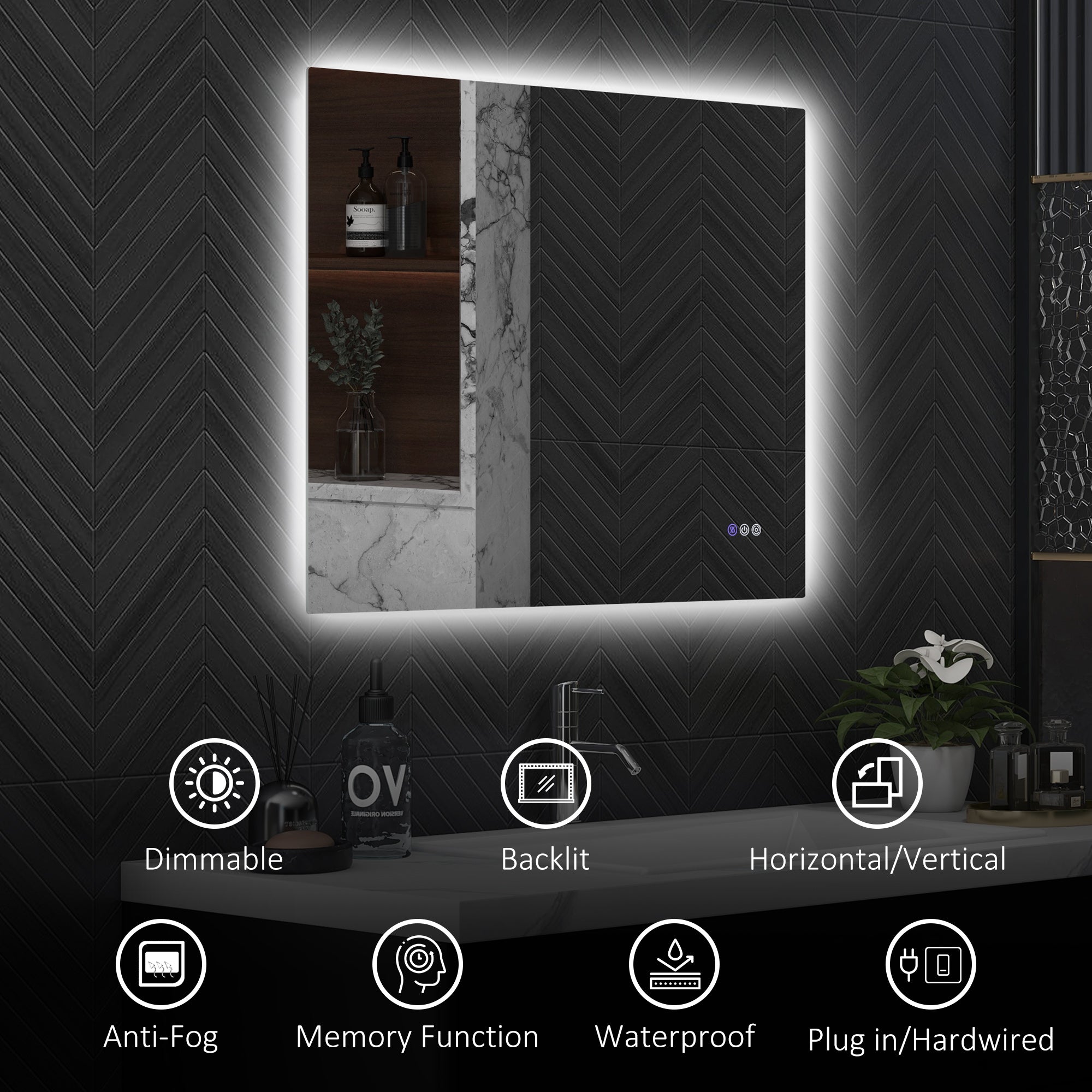 Anti-fog Bathroom Mirror with Adjustable Brightness and Color, Glass and Aluminum Alloy, 80x60x4 cm