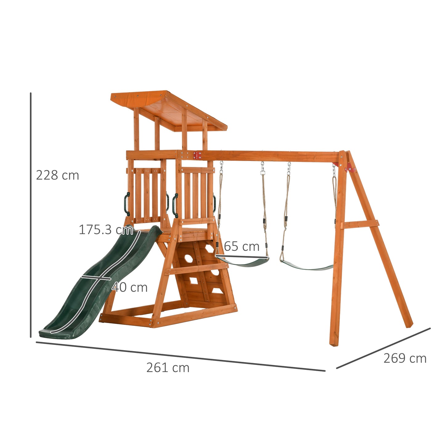 Playground set with slide, 2 garden swings and wall climbing wall for children age 3-8 years - Borgè