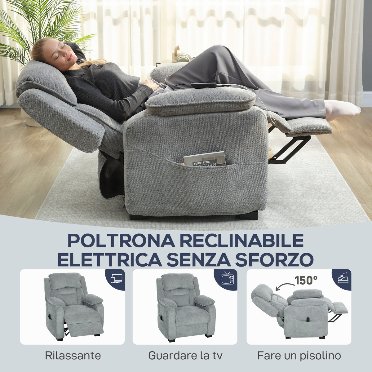 HOMCOM 150° Reclining Velvet Armchair with Footrest, Remote Control and Side Pocket, 96x90x103 cm, Grey