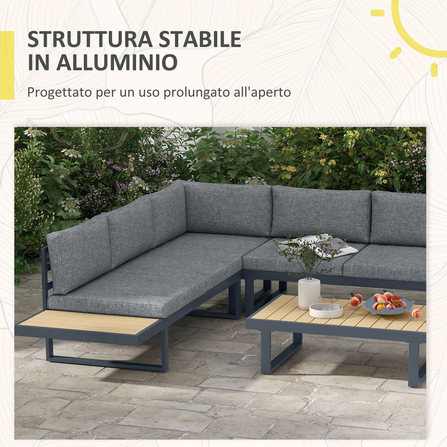 4-piece garden set in aluminum with 2 sofas, corner armchair and coffee table, gray and teak - Borgè