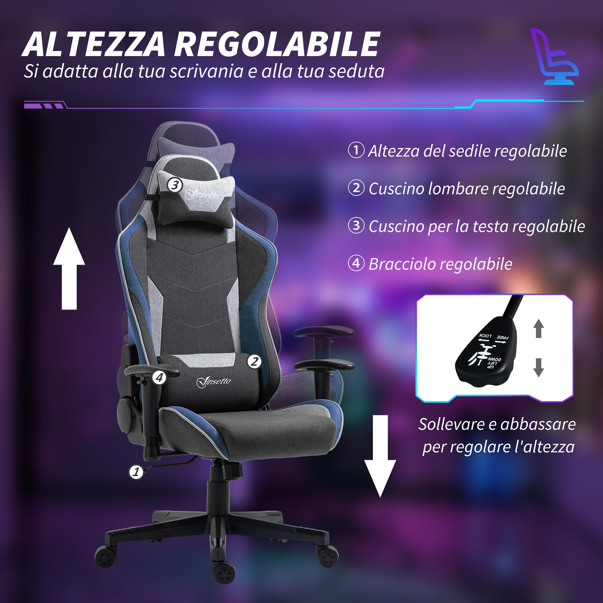 Gaming Chair, 150° Reclining with Rocking Function, in Linen Effect Fabric, 66x53x128-138 cm, Grey