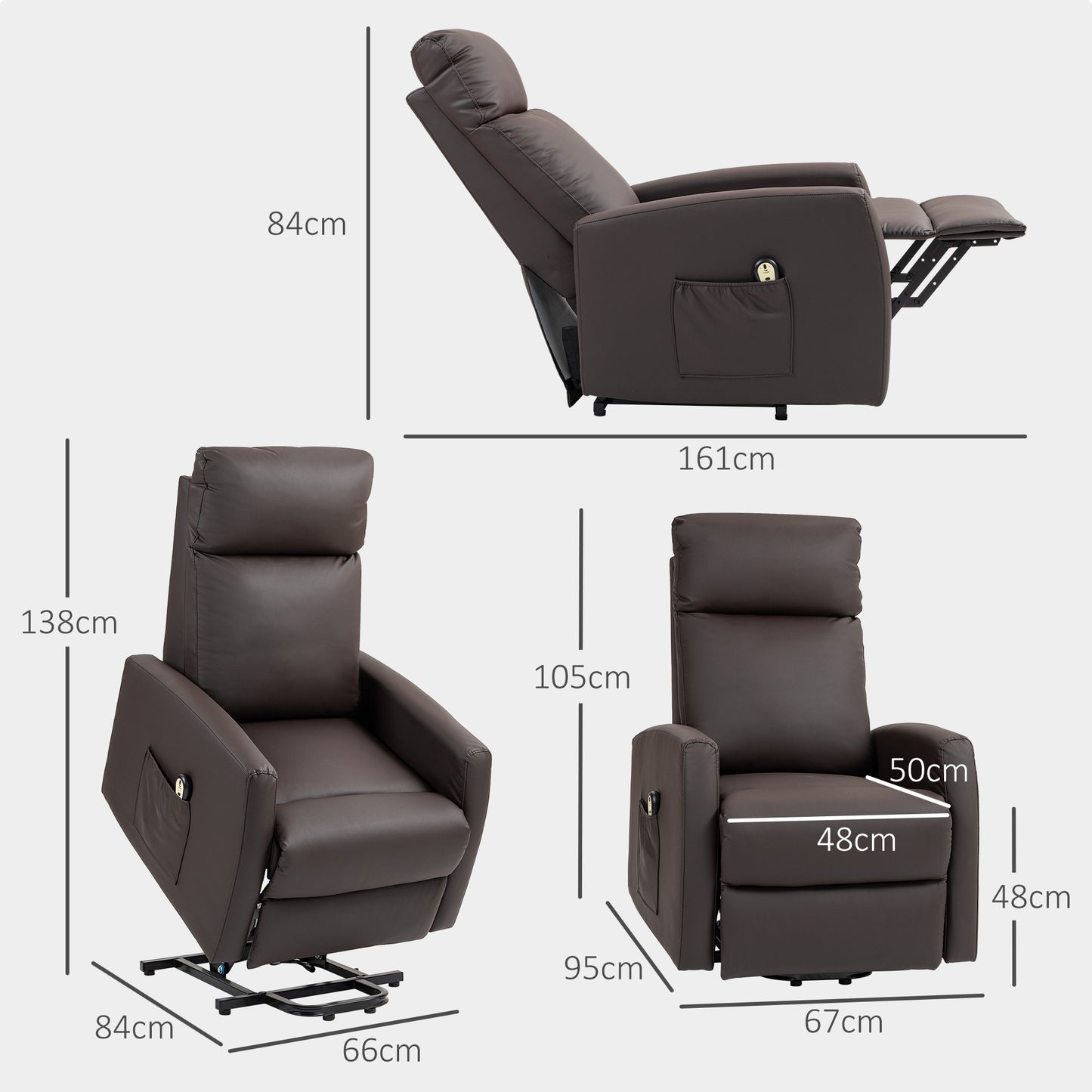 145° Reclining Lift Chair with Remote Control and Footrest, Dark Brown PU Leather, 67x95x105 cm