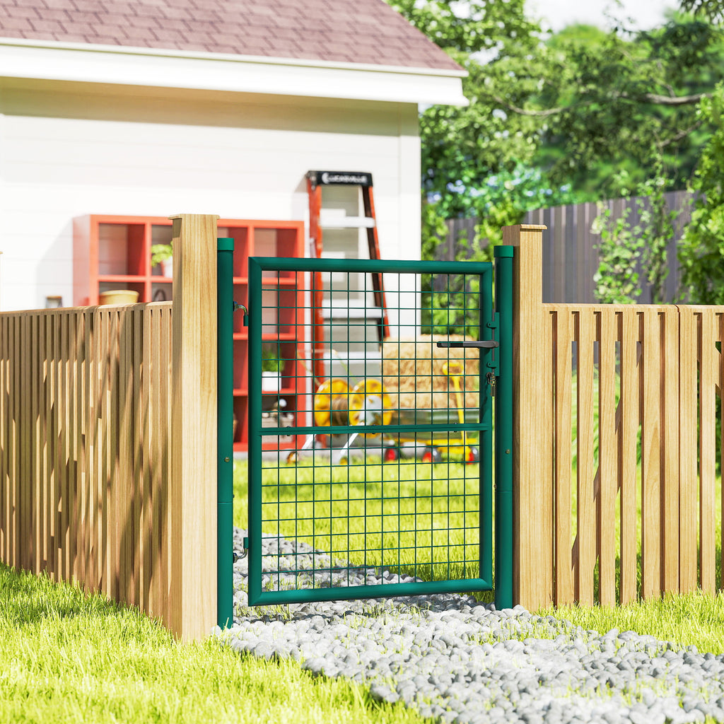 Outsunny Steel Garden Gate 97x150 cm, Garden Gate with Lock, 3 Keys, Handle and 2 Posts