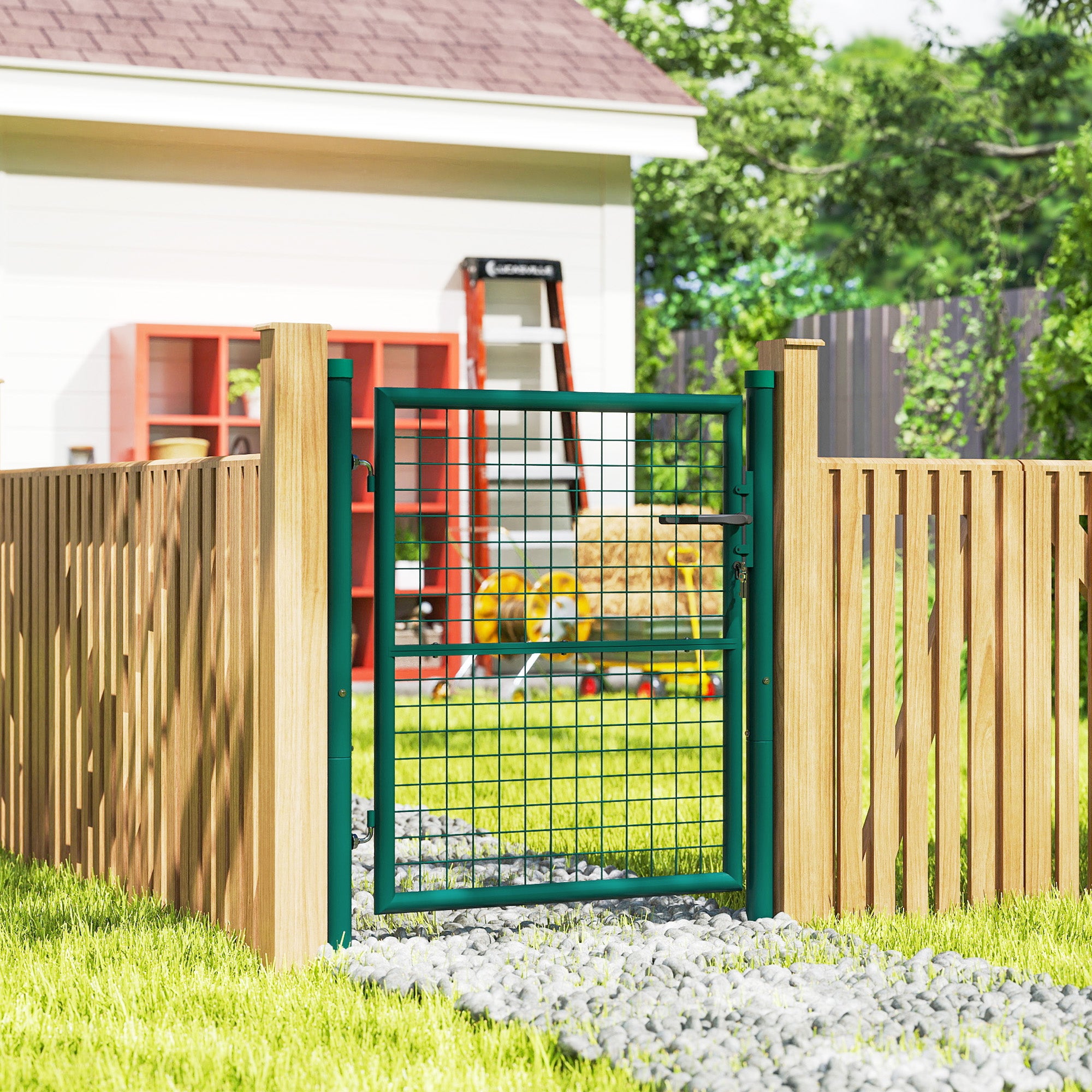 Outsunny Steel Garden Gate 97x150 cm, Garden Gate with Lock, 3 Keys, Handle and 2 Posts