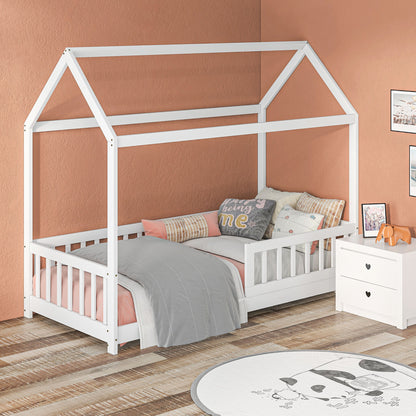 Children's House-Shaped Bed Frame with Slats and Fence, Pine Wood, 96x195x165 cm, White